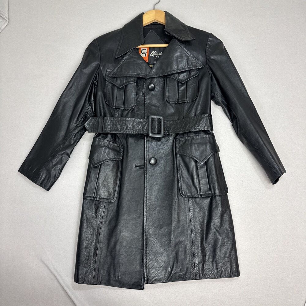 Ching Yick Women XS Safari Genuine Leather‎ Parka Jacket Black Belt Vintage